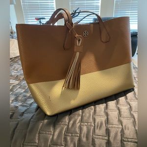 Tory Burch large Perry color block tote, brown and gold